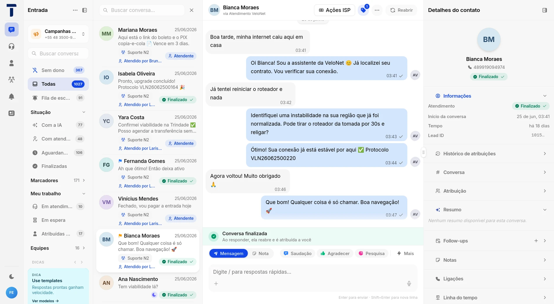 Plataforma Thivio — inbox unificado com fila de conversas e IA resolvendo atendimento de suporte